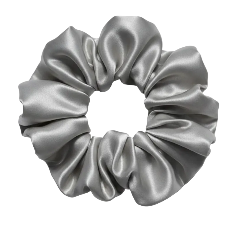 Scrunchie de Satín Gris Plata - Brillo Espejo