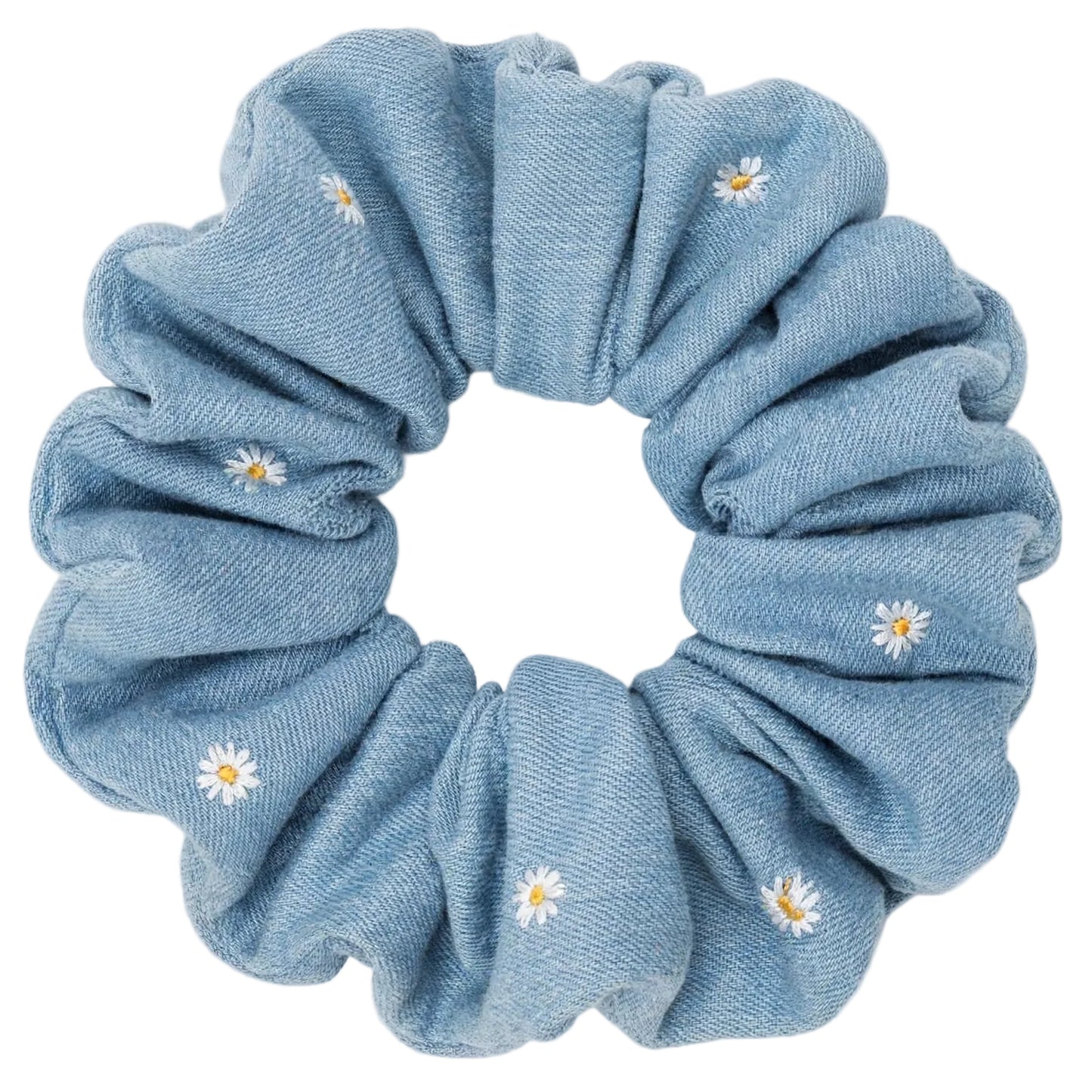 Scrunchie Mezclilla Azul Claro Margaritas Blancas - Denim Daisy