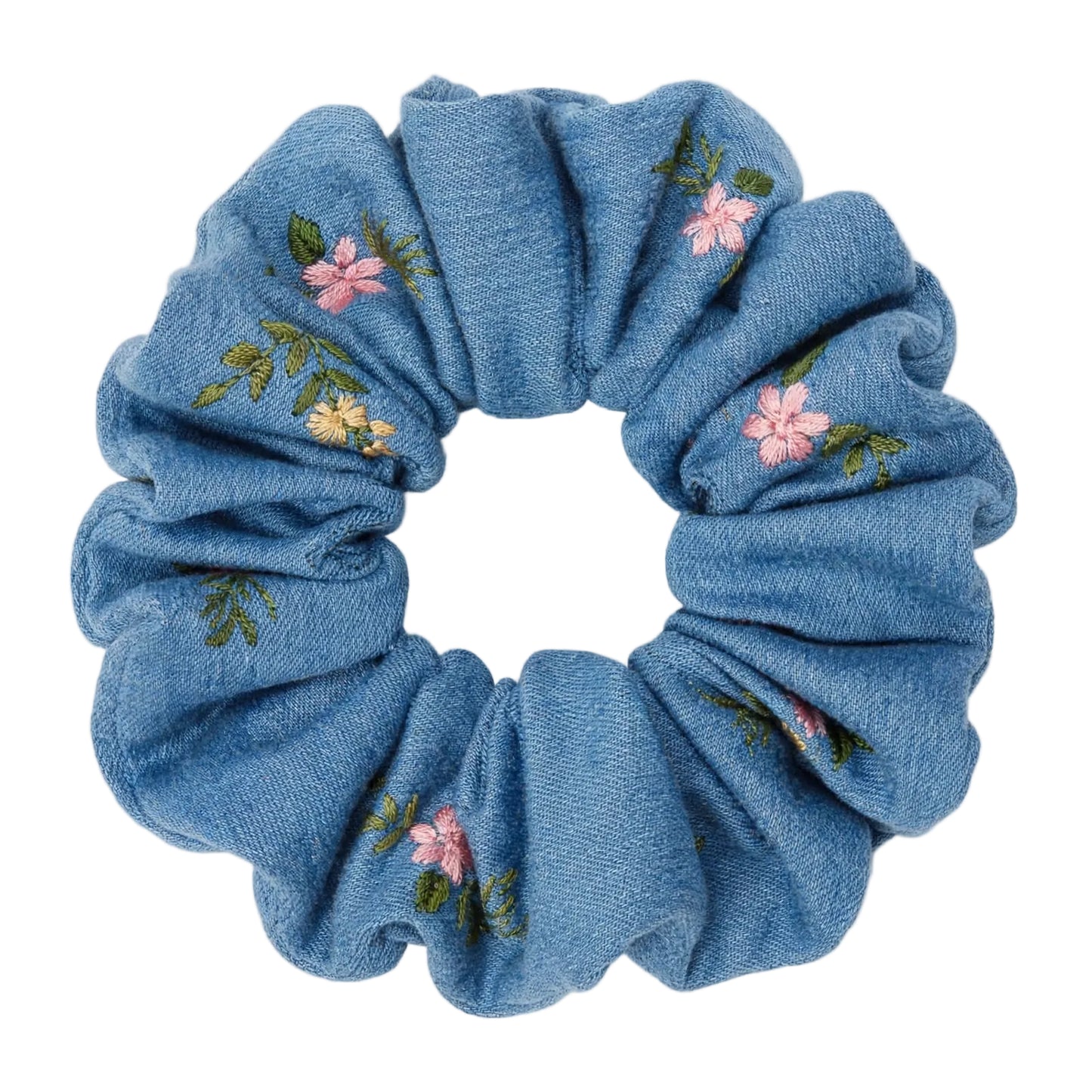 Scrunchie Mezclilla Azul Medio Flores Rosas - Wildflower
