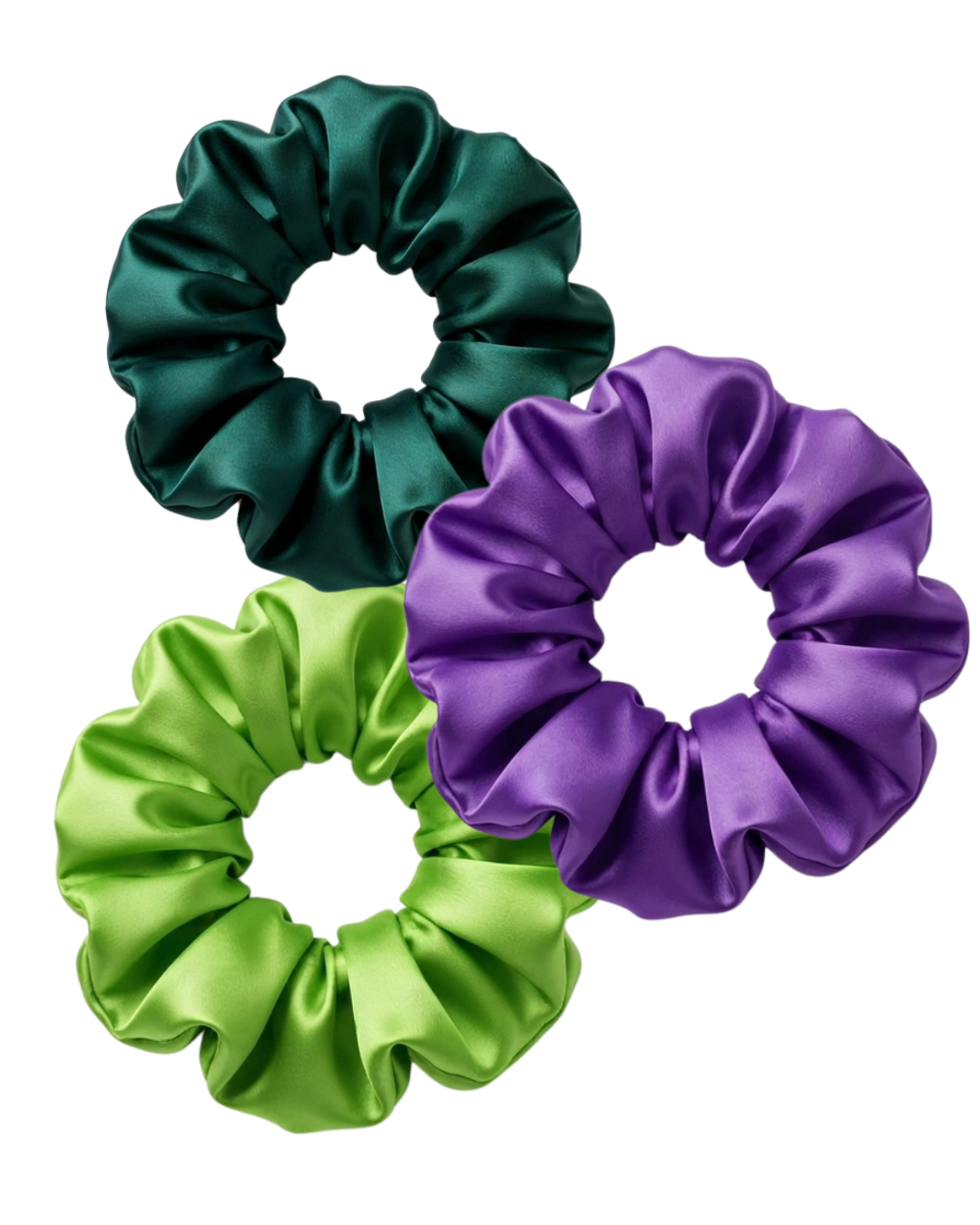Set 3 Mini Scrunchies Bosque Real - Verde y Morado Satín