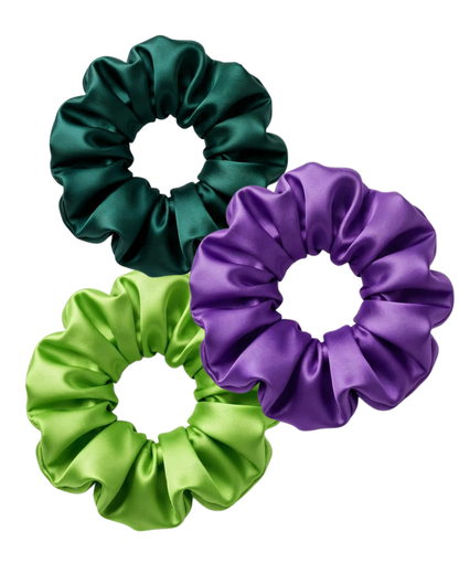Set 3 Mini Scrunchies Bosque Real - Verde y Morado Satín