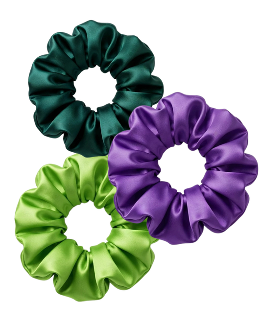 Set 3 Mini Scrunchies Bosque Real - Verde y Morado Satín