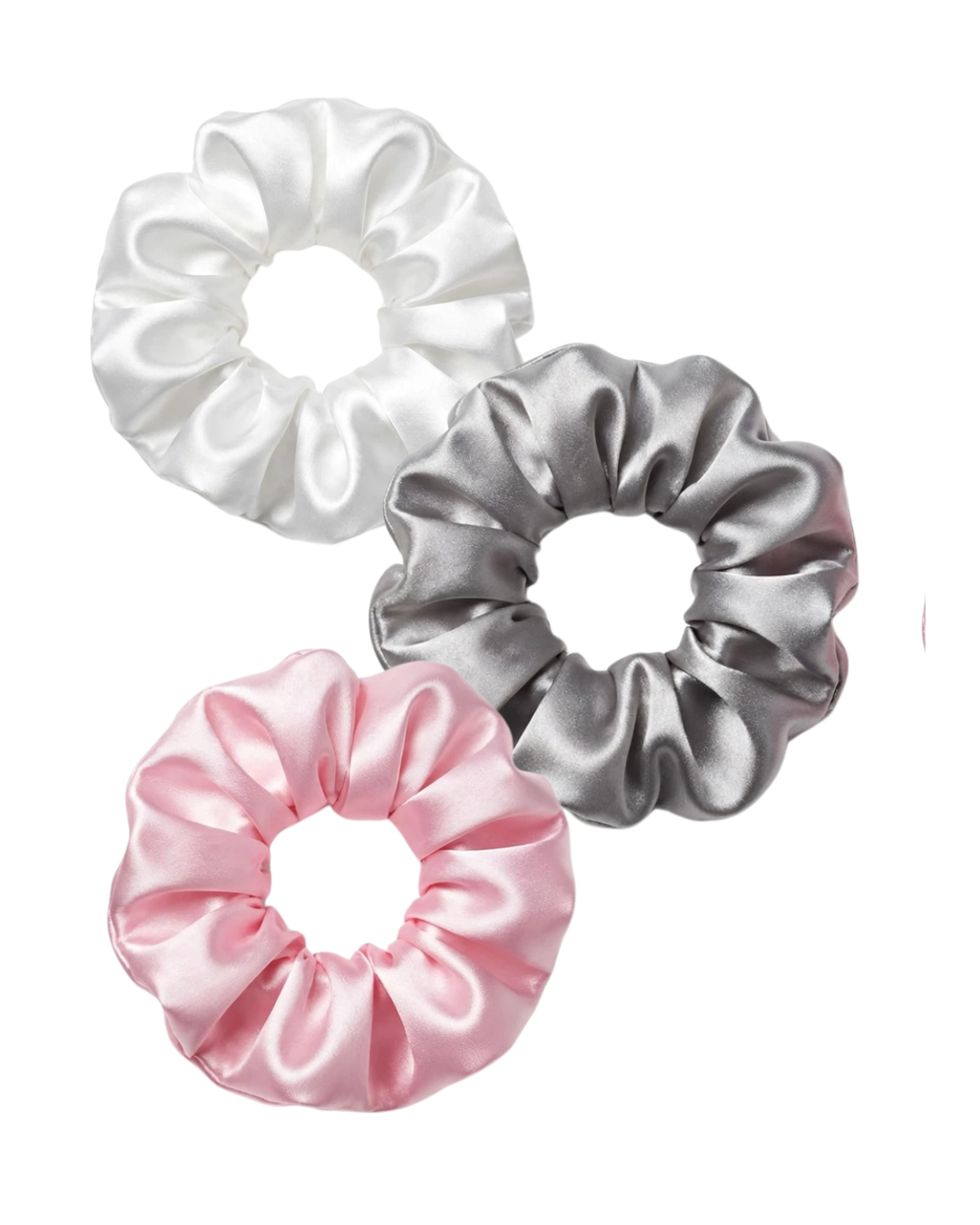 Set 3 Mini Scrunchies Nube Suave - Satín Blanco Gris Rosa Pastel
