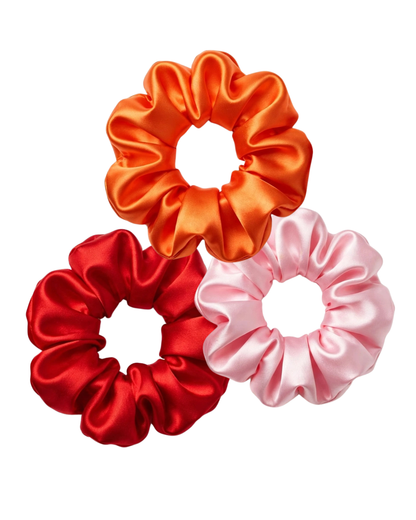 Set 3 Mini Scrunchies Sunset - Naranja Rojo y Rosa Pastel