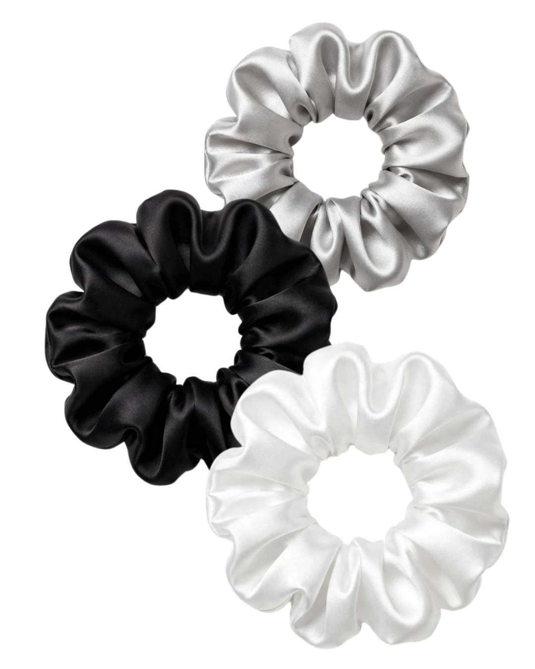 Set 3 Mini Scrunchies Midnight Chic - Blanco Negro Gris Satín