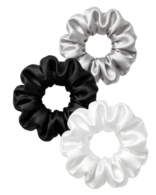 Set 3 Mini Scrunchies Midnight Chic - Blanco Negro Gris Satín