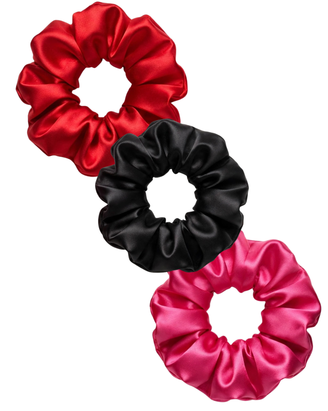 Set 3 Mini Scrunchies Pasión Mexicana - Rojo Fucsia y Negro Satín