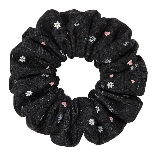 Scrunchie Mezclilla Negra Mini Flores - Black Denim