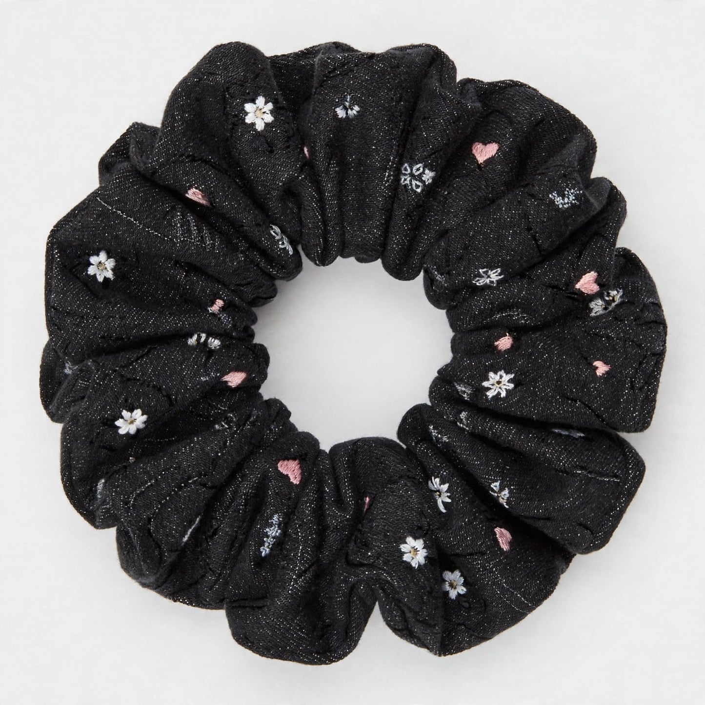 Set 5 Scrunchies de Mezclilla Bordada | Denim con Flores | Jeans