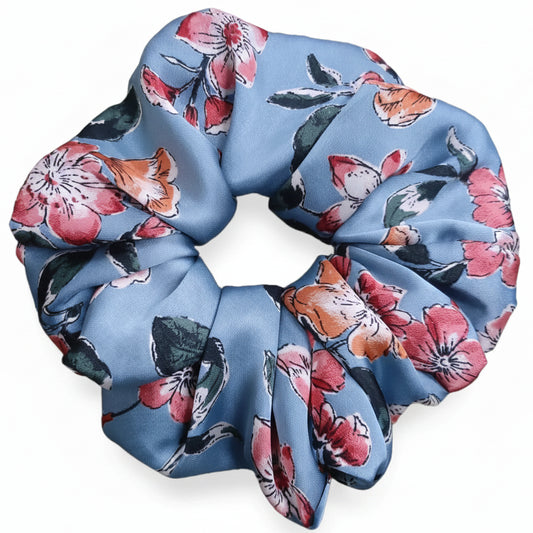 Scrunchie Seda Azul Floral | Volumen y Cuidado Capilar
