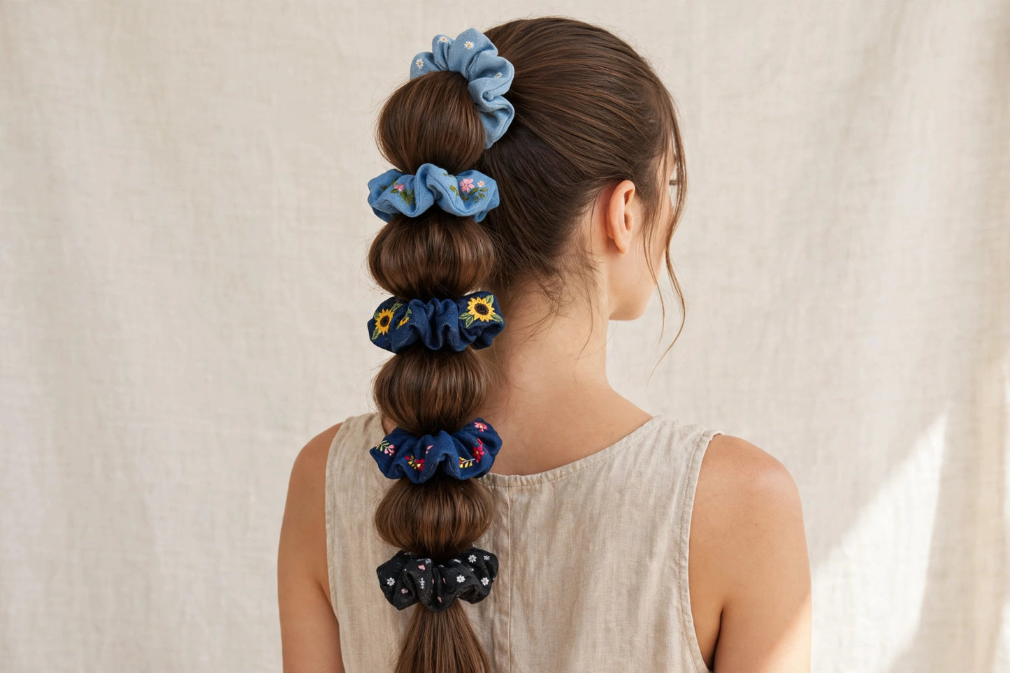 Set 5 Scrunchies de Mezclilla Bordada | Denim con Flores | Jeans