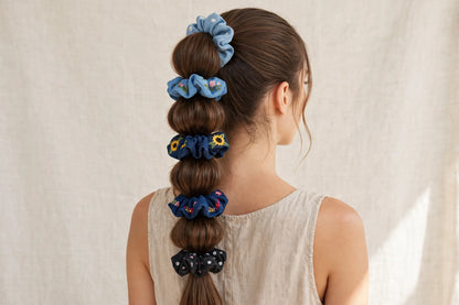 Set 5 Scrunchies de Mezclilla Bordada | Denim con Flores | Jeans