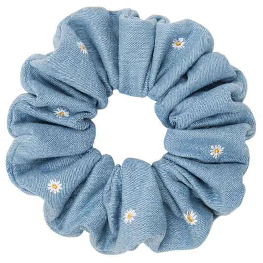 Scrunchie Mezclilla Azul Claro Margaritas Blancas - Denim Daisy