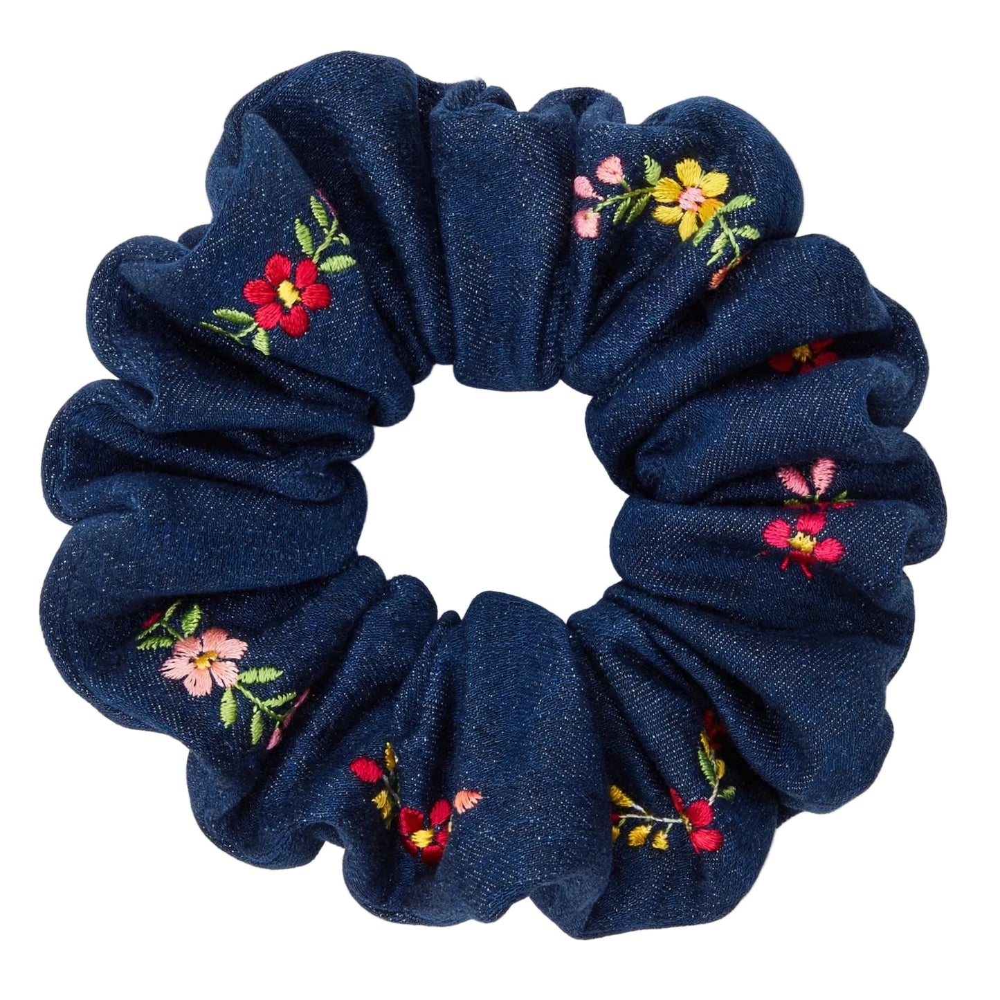 Scrunchie Mezclilla Azul Noche Flores Rojas - Estilo Mexicano