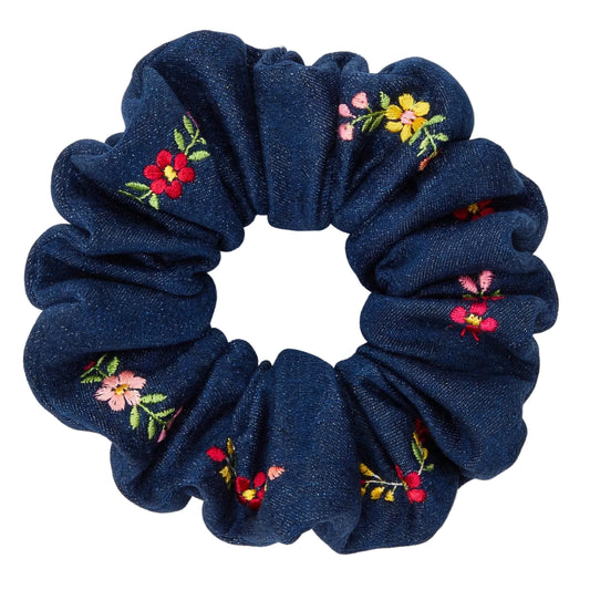 Scrunchie Mezclilla Azul Noche Flores Rojas - Estilo Mexicano