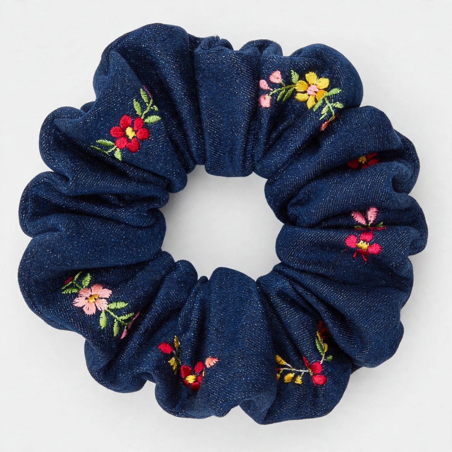Set 5 Scrunchies de Mezclilla Bordada | Denim con Flores | Jeans