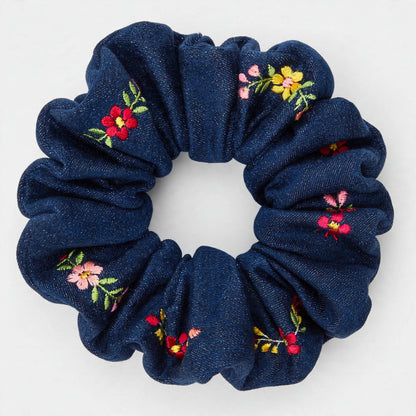 Set 5 Scrunchies de Mezclilla Bordada | Denim con Flores | Jeans