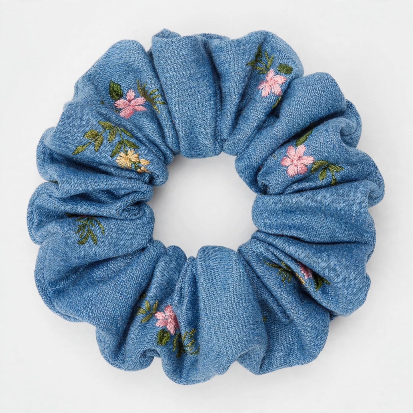 Set 5 Scrunchies de Mezclilla Bordada | Denim con Flores | Jeans