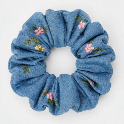 Set 5 Scrunchies de Mezclilla Bordada | Denim con Flores | Jeans