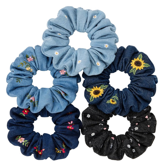Set 5 Scrunchies de Mezclilla Bordada | Denim con Flores | Jeans