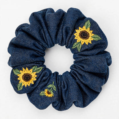 Set 5 Scrunchies de Mezclilla Bordada | Denim con Flores | Jeans