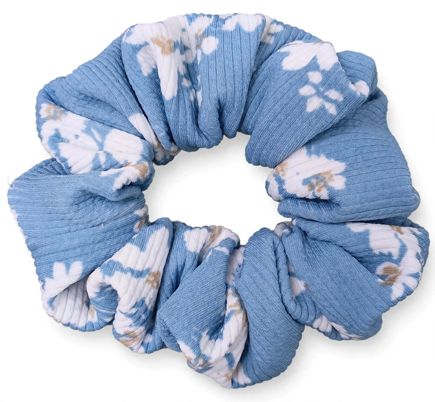Scrunchie Azul Denim Flores Grandes Blancas | Estilo Boho