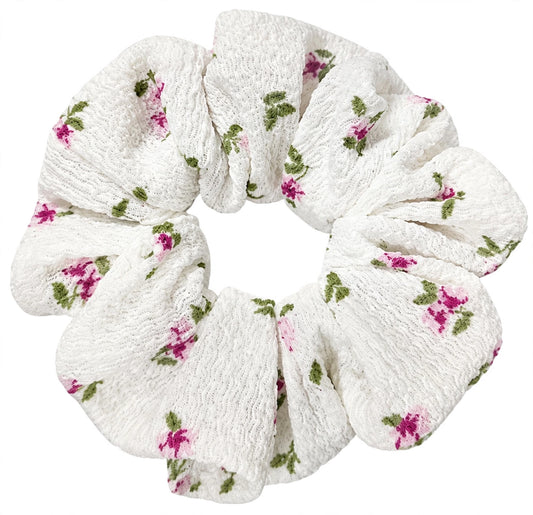 Scrunchie Blanco Florecitas Rosas - Colección Floral