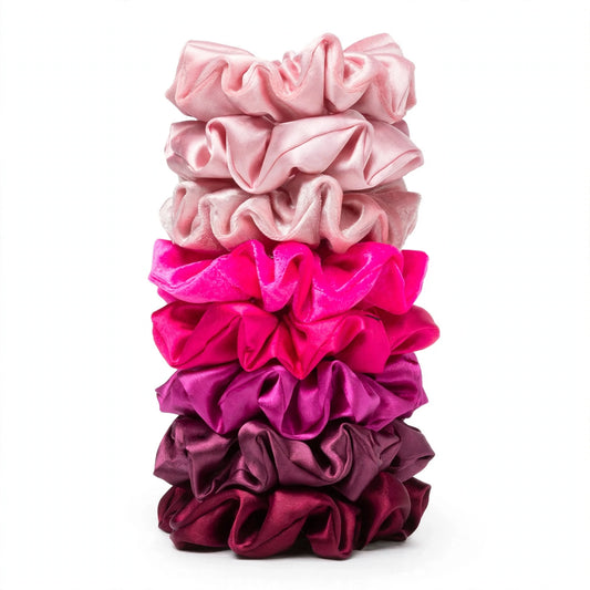 Set 7 Scrunchies Satín - Rosa Barbie Hot Pink